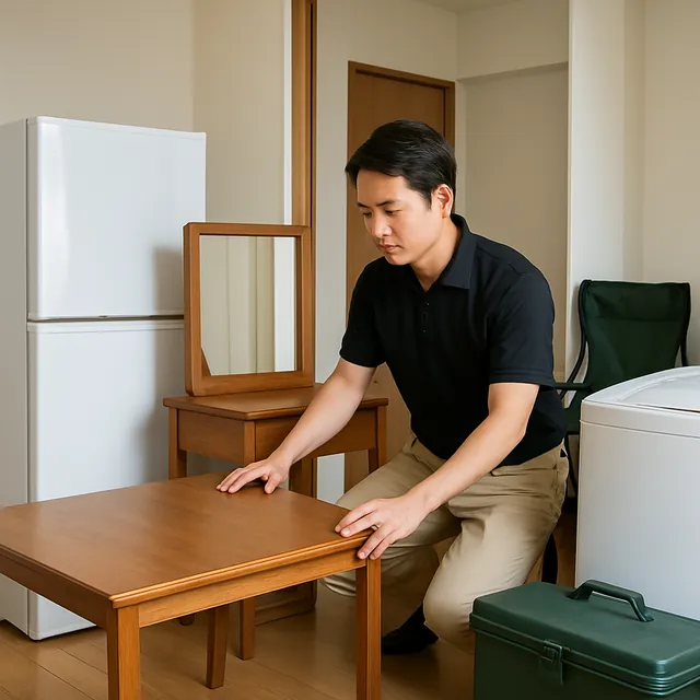 越谷市でダイニングテーブル・ドレッサー・アウトドア用品を確認する出張買取＋不用品回収の事例イメージ