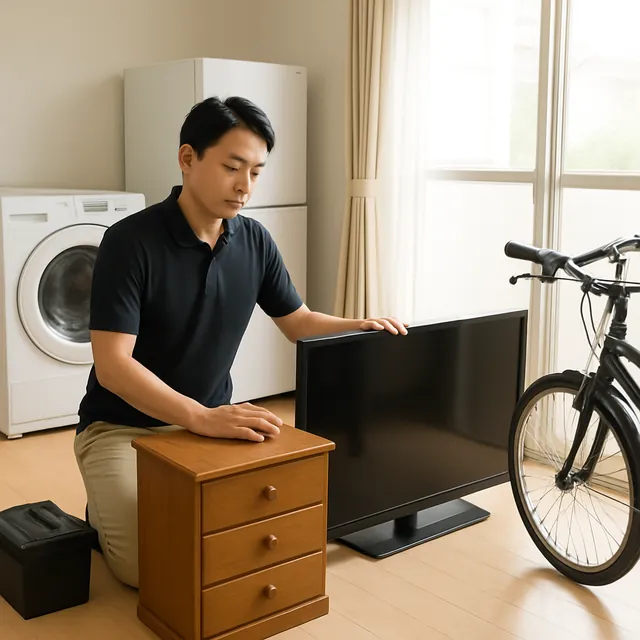 江東区でチェスト・有機ELテレビ・自転車を確認する出張買取＋家片付けの事例イメージ