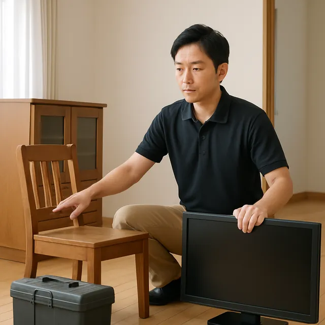 江東区でダイニングチェア・キャビネット・モニターを確認する出張買取＋引越しの事例イメージ
