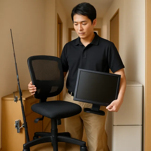 江東区でオフィスチェア・モニター・釣具を確認する出張買取＋引越しの事例イメージ
