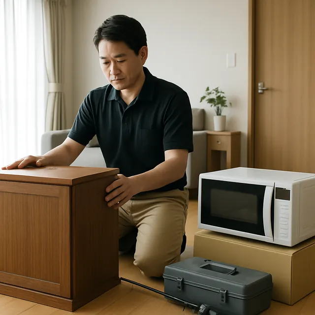 松戸市でキャビネット・オーブンレンジ・釣具を確認する出張買取＋家片付けの事例イメージ