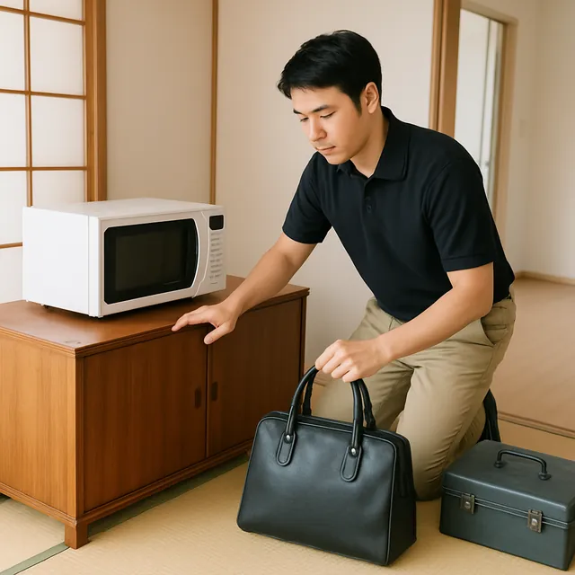 松戸市でサイドボード・オーブンレンジ・ブランドバッグを確認する出張買取＋家片付けの事例イメージ