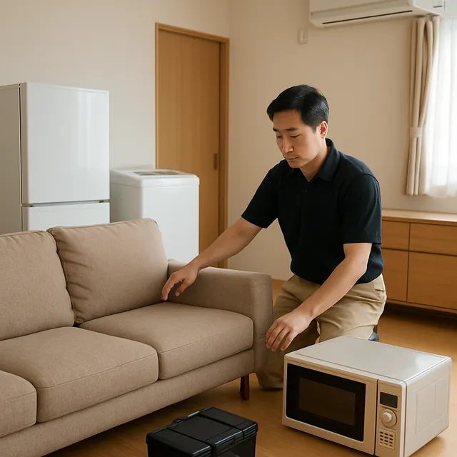 松戸市で3人掛けソファ・サイドボード・オーブンレンジを確認する出張買取＋遺品整理の事例イメージ