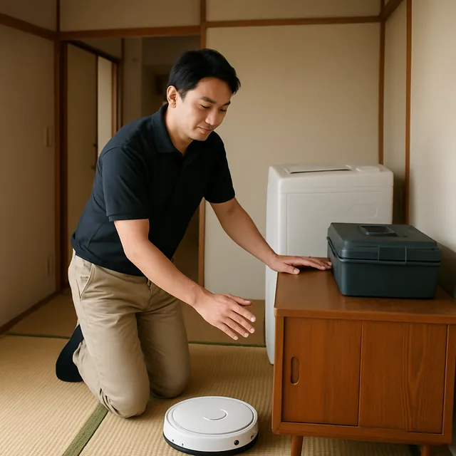 松戸市でサイドボード・縦型洗濯機・ロボット掃除機を確認する出張買取＋不用品回収の事例イメージ