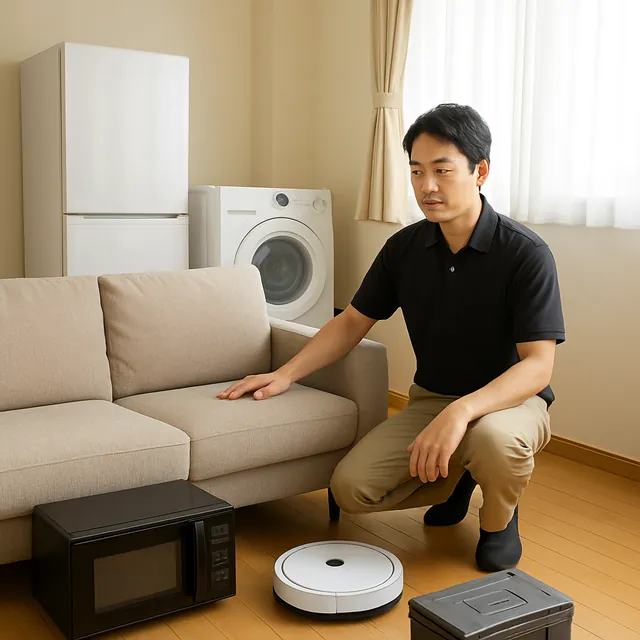 目黒区で3人掛けソファ・電子レンジ・ロボット掃除機を確認する出張買取＋家片付けの事例イメージ