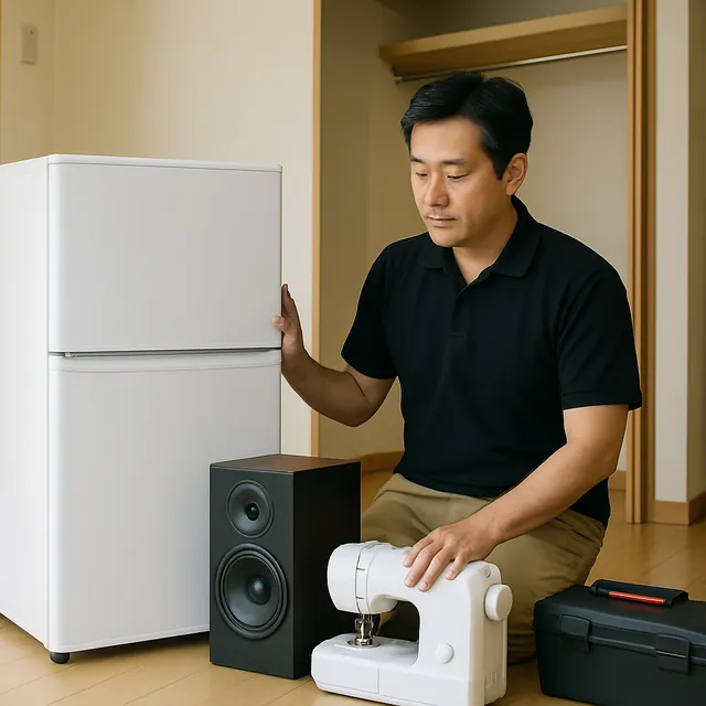 目黒区で冷蔵庫・スピーカー・ミシンを確認する出張買取＋家片付けの事例イメージ