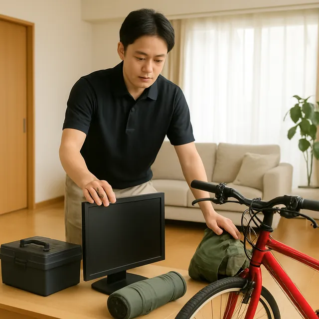 目黒区でモニター・自転車・アウトドア用品を確認する出張買取＋引越しの事例イメージ