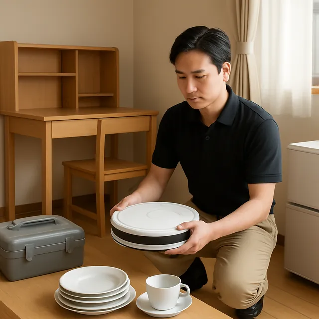 港区で学習机・ロボット掃除機・食器セットを確認する出張買取＋家片付けの事例イメージ
