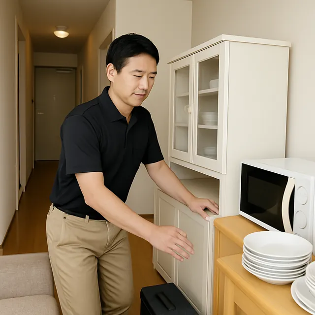 港区で食器棚・電子レンジ・食器セットを確認する出張買取＋家片付けの事例イメージ