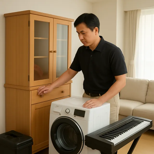 三郷市で食器棚・ドラム式洗濯機・電子ピアノを確認する出張買取＋引越しの事例イメージ