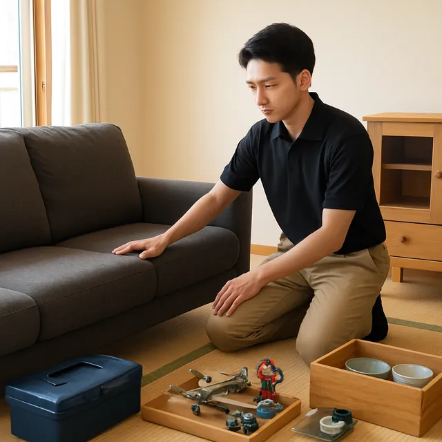 三鷹市で3人掛けソファ・キャビネット・ホビー用品を確認する出張買取＋家片付けの事例イメージ