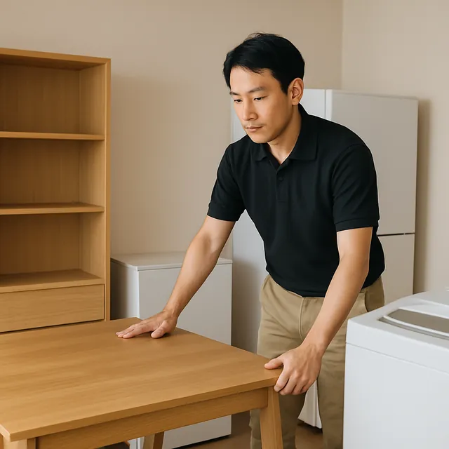 三鷹市でダイニングテーブル・本棚・冷蔵庫を確認する出張買取＋不用品回収の事例イメージ