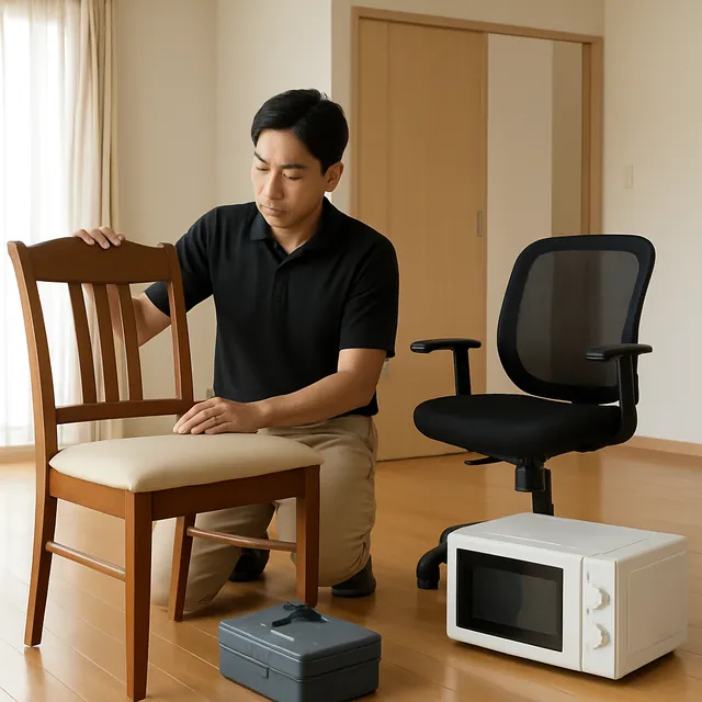 三鷹市でダイニングチェア・オフィスチェア・電子レンジを確認する出張買取＋不用品回収の事例イメージ