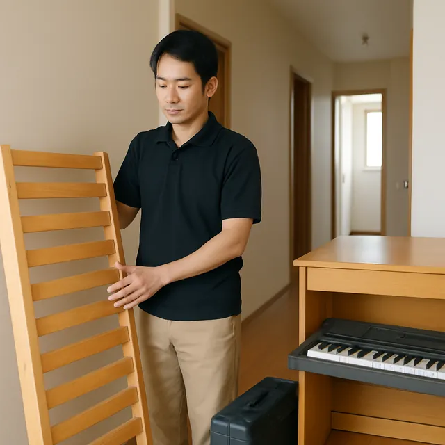 武蔵野市でベッドフレーム・学習机・電子ピアノを確認する出張買取＋家片付けの事例イメージ