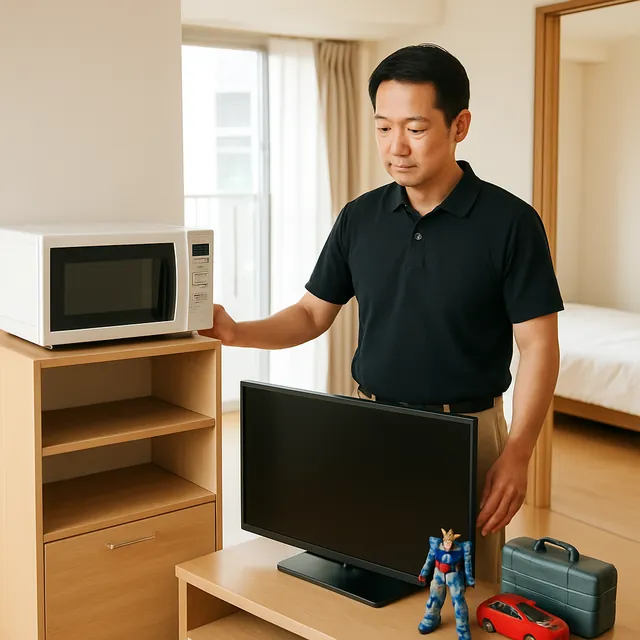 武蔵野市でレンジ台・モニター・ホビー用品を確認する出張買取＋家片付けの事例イメージ