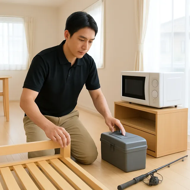 武蔵野市でベッドフレーム・レンジ台・釣具を確認する出張買取＋遺品整理の事例イメージ