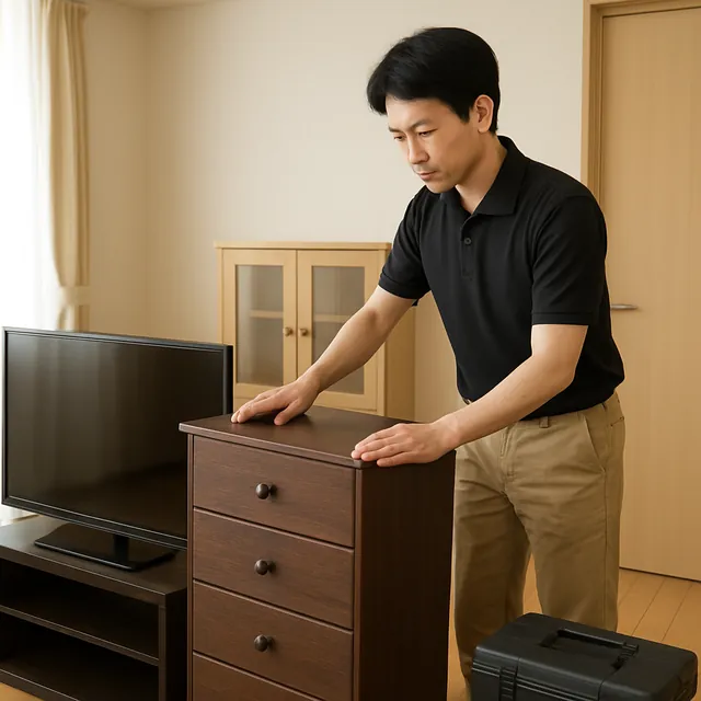 武蔵野市でチェスト・キャビネット・有機ELテレビを確認する出張買取＋遺品整理の事例イメージ