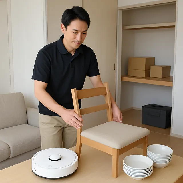 武蔵野市でダイニングチェア・ロボット掃除機・食器セットを確認する出張買取＋引越しの事例イメージ