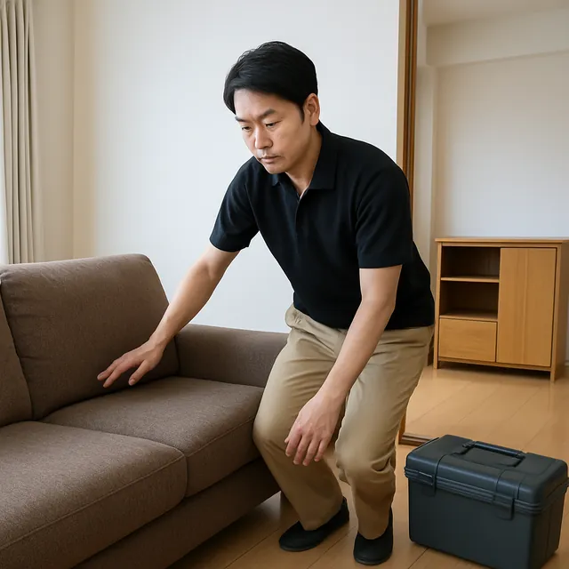 中野区で3人掛けソファ・キャビネット・工具箱を確認する出張買取＋遺品整理の事例イメージ