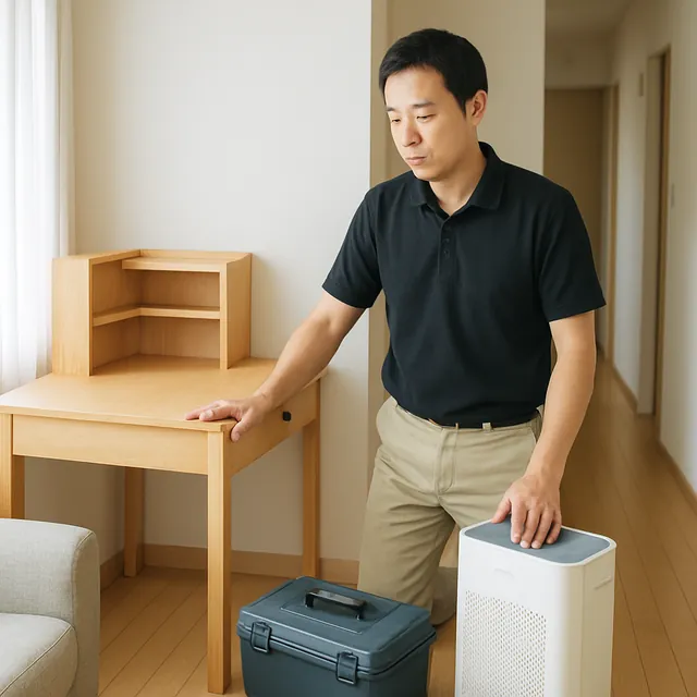 中野区で学習机・空気清浄機・工具箱を確認する出張買取＋不用品回収の事例イメージ