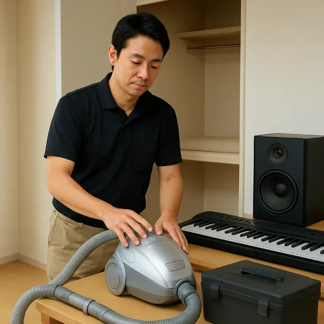 習志野市で掃除機・電子ピアノ・スピーカーを確認する出張買取＋家片付けの事例イメージ