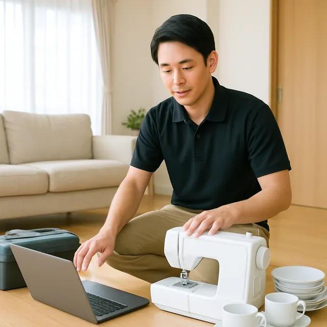習志野市でパソコン・ミシン・食器セットを確認する出張買取＋引越しの事例イメージ
