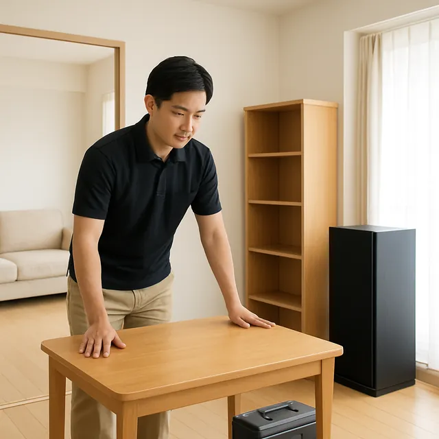 成田市でダイニングテーブル・本棚・スピーカーを確認する出張買取＋遺品整理の事例イメージ