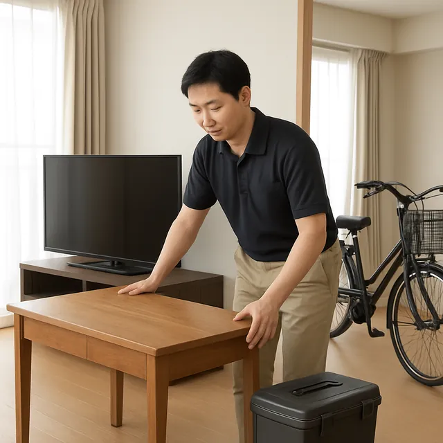 練馬区でデスク・有機ELテレビ・自転車を確認する出張買取＋遺品整理の事例イメージ