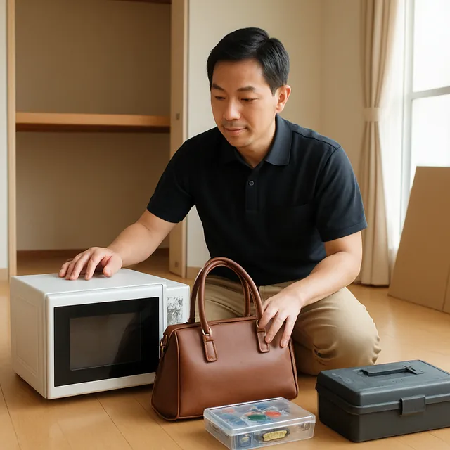 練馬区で電子レンジ・ブランドバッグ・釣具を確認する出張買取＋不用品回収の事例イメージ
