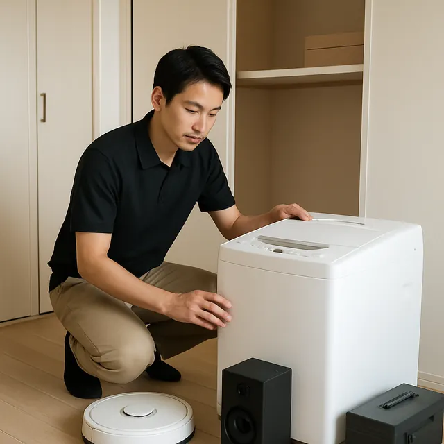 新座市で縦型洗濯機・ロボット掃除機・スピーカーを確認する出張買取＋家片付けの事例イメージ