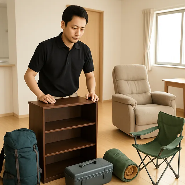 新座市で本棚・リクライニングチェア・アウトドア用品を確認する出張買取＋引越しの事例イメージ