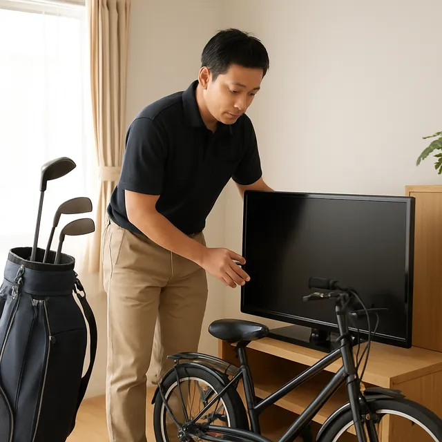 新座市でモニター・ゴルフ用品・自転車を確認する出張買取＋引越しの事例イメージ