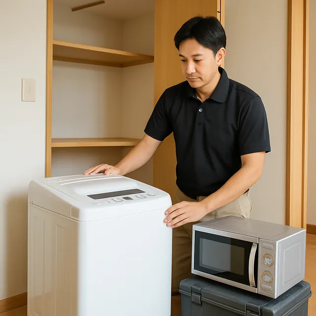 西東京市で縦型洗濯機・オーブンレンジ・工具箱を確認する出張買取＋家片付けの事例イメージ