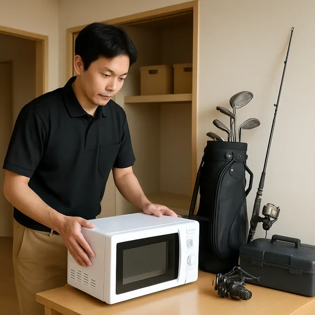 野田市で電子レンジ・ゴルフ用品・釣具を確認する出張買取＋家片付けの事例イメージ