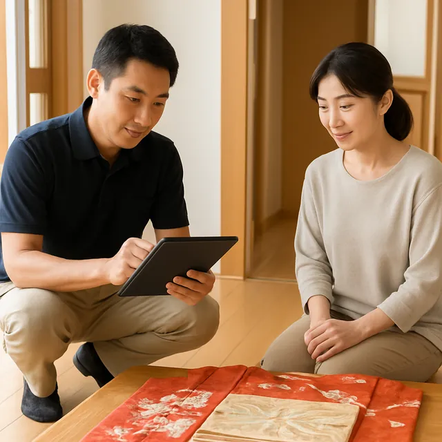 狛江市で着物・帯・帯締めを確認する出張買取の事例イメージ