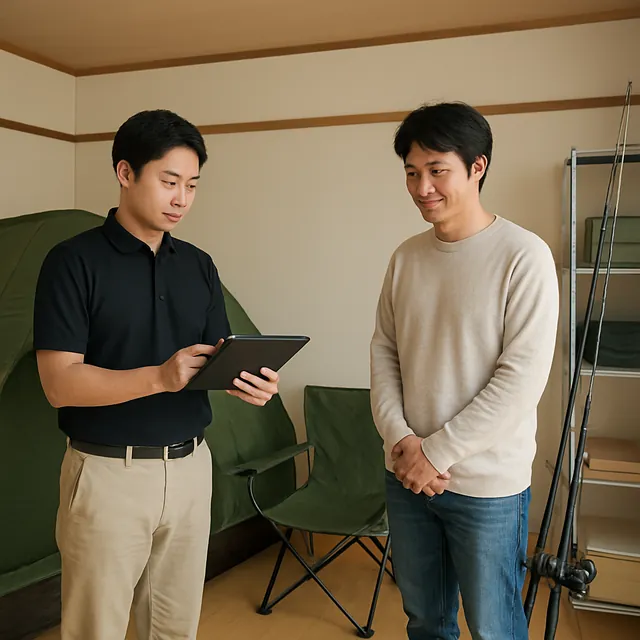 江東区でテント・チェア・釣り竿を確認する出張買取の事例イメージ