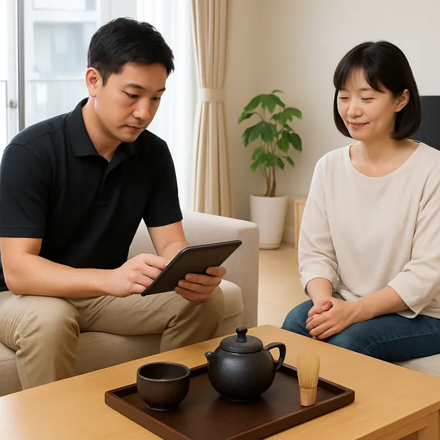 大田区で茶碗・釜・茶道具の箱を確認する出張買取の事例イメージ