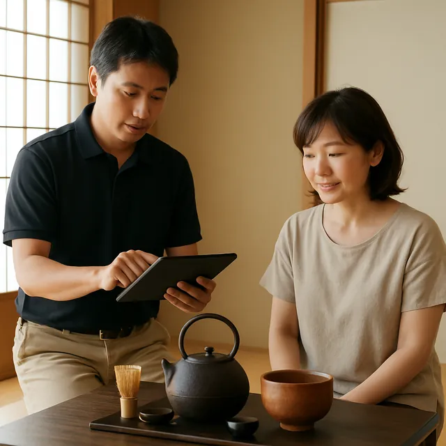 川越市で茶碗・釜・茶さじを確認する出張買取の事例イメージ