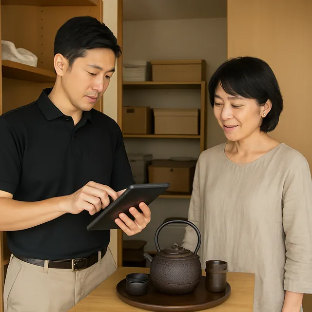 文京区で茶碗・茶釜・茶箱を確認する出張買取の事例イメージ