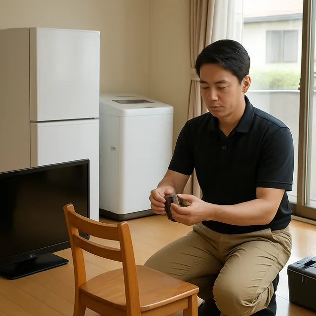 入間市で冷蔵庫・液晶テレビ・ダイニングチェアを確認する出張買取＋不用品回収の事例イメージ