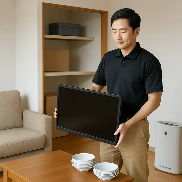 相模原市で液晶テレビ・空気清浄機・食器セットを確認する出張買取＋引越しの事例イメージ