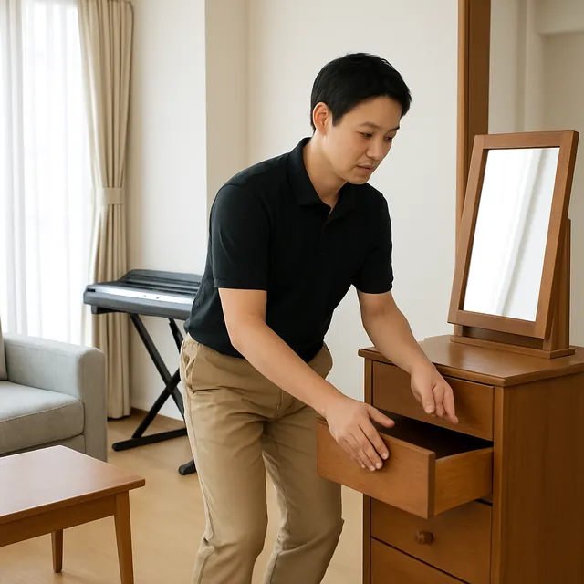 相模原市でドレッサー・電子ピアノ・ミシンを確認する出張買取＋不用品回収の事例イメージ