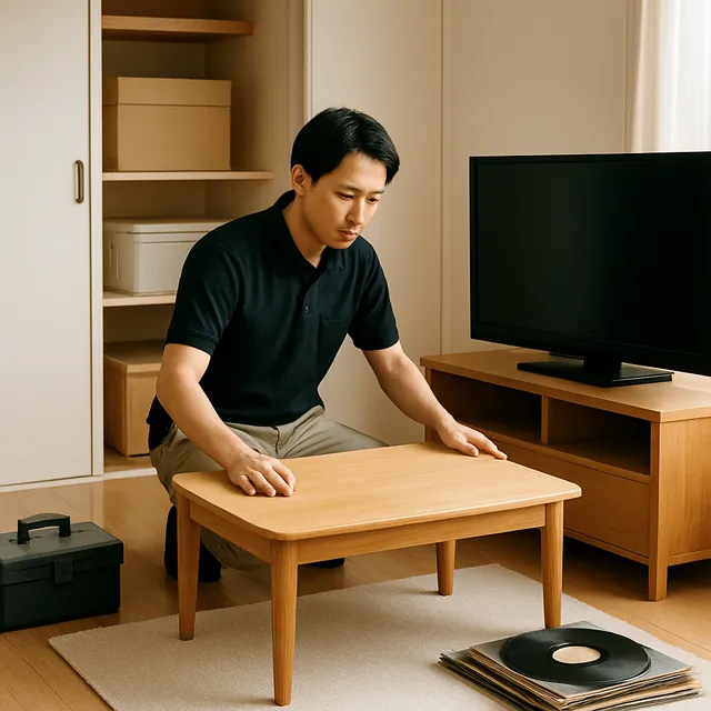 さいたま市岩槻区でローテーブル・テレビボード・レコードを確認する出張買取＋家片付けの事例イメージ