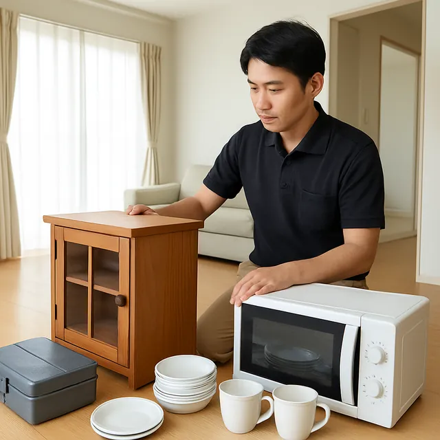 さいたま市岩槻区でキャビネット・電子レンジ・食器セットを確認する出張買取＋遺品整理の事例イメージ