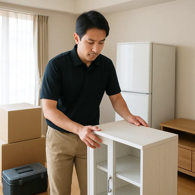 さいたま市岩槻区で食器棚・テレビボード・縦型洗濯機を確認する出張買取＋不用品回収の事例イメージ