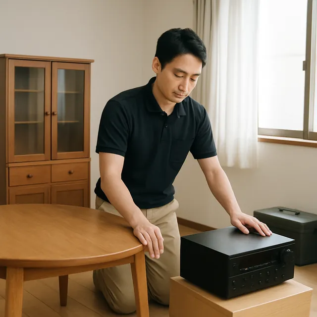 さいたま市北区でダイニングテーブル・キャビネット・アンプを確認する出張買取＋不用品回収の事例イメージ