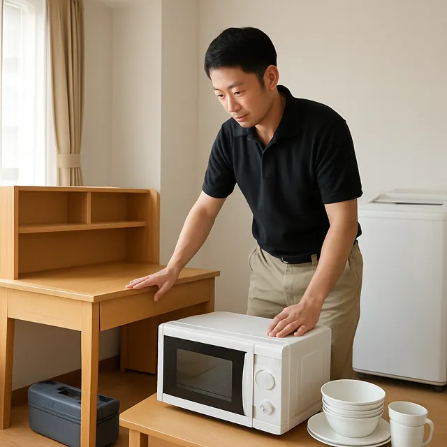 さいたま市南区で学習机・電子レンジ・食器セットを確認する出張買取＋家片付けの事例イメージ