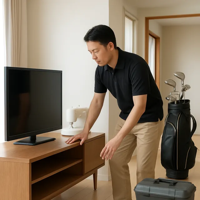 世田谷区でテレビボード・ミシン・ゴルフ用品を確認する出張買取＋家片付けの事例イメージ