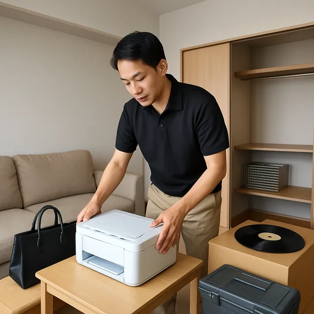 世田谷区でプリンター・ブランドバッグ・レコードを確認する出張買取＋引越しの事例イメージ