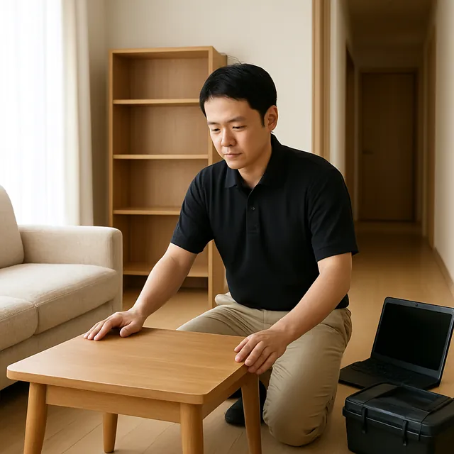 世田谷区でローテーブル・本棚・パソコンを確認する出張買取＋不用品回収の事例イメージ
